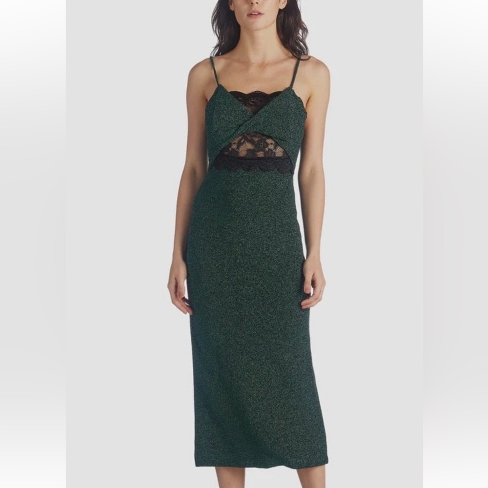 Current Air NWTGreen Midi Dress with a twist Feont and Black Lace inset Detail M